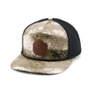 Neue Designer-Stil-Unisex-Snappack-Kappe mit Lederabzeichen, Camouflage-Stil, 7-Panel-Trucker-Mütze, Netzkappe